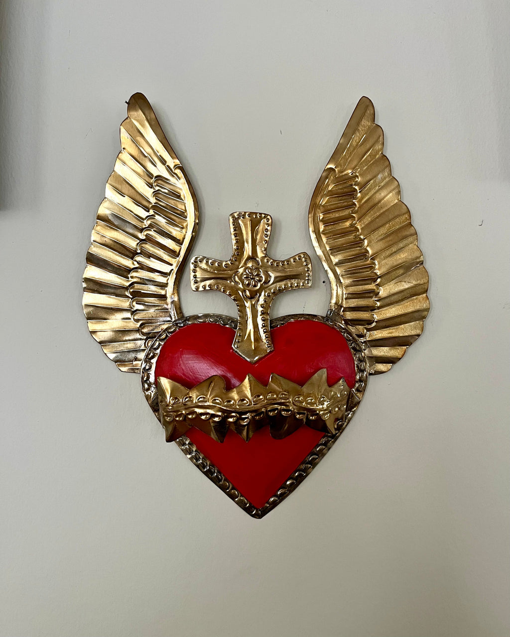 Handmade Mexican Tin Sacred Heart with Wings